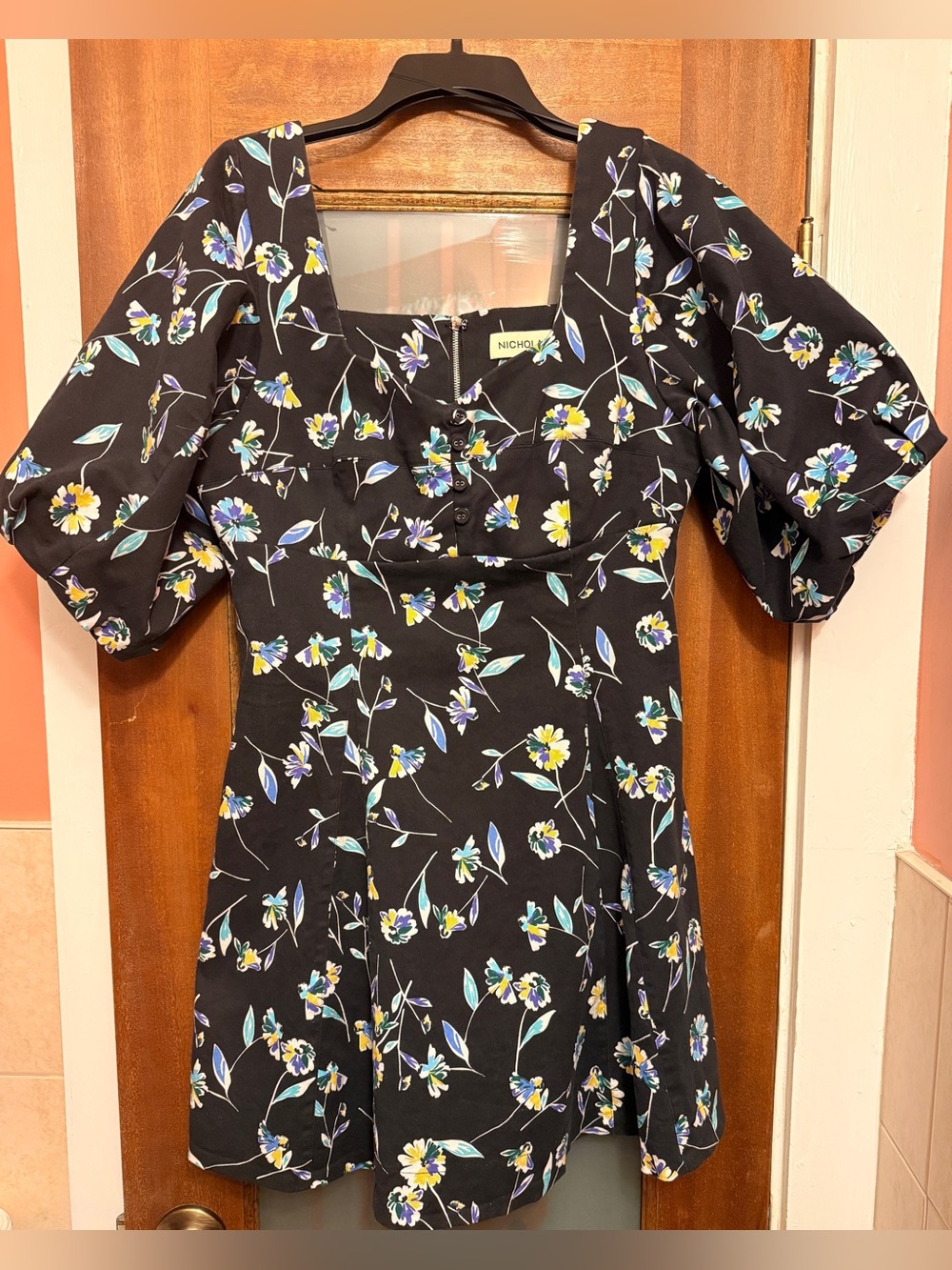 NICHOLAS Lydia Black All Over Floral Print Mini Square Neck Short Puff Sleeves